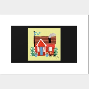 Swedish Summer Cottage with Flags - Midsommar Stuga - Yellow Background Posters and Art